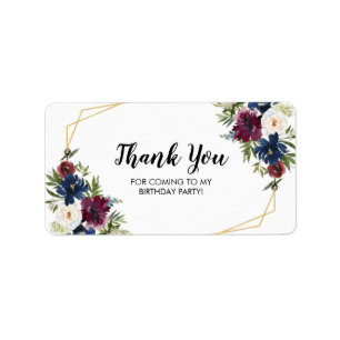 Geometric Frame Burgundy Navy Flowers Thank You Label