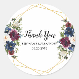 Geometric Frame Burgundy Navy Flowers Wedding Classic Round Sticker