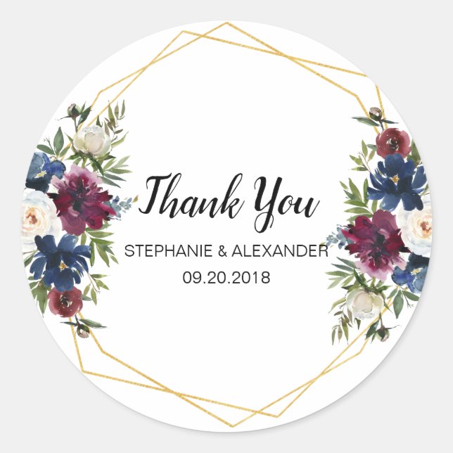 Geometric Frame Burgundy Navy Flowers Wedding Classic Round Sticker (Front)