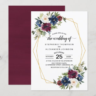 Geometric Frame Burgundy Navy Flowers Wedding Invitation