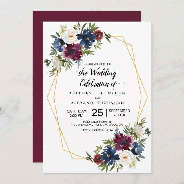 Geometric Frame Burgundy Navy Flowers Wedding Invitation (Front/Back)