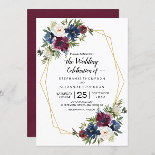 Geometric Frame Burgundy Navy Flowers Wedding Invitation