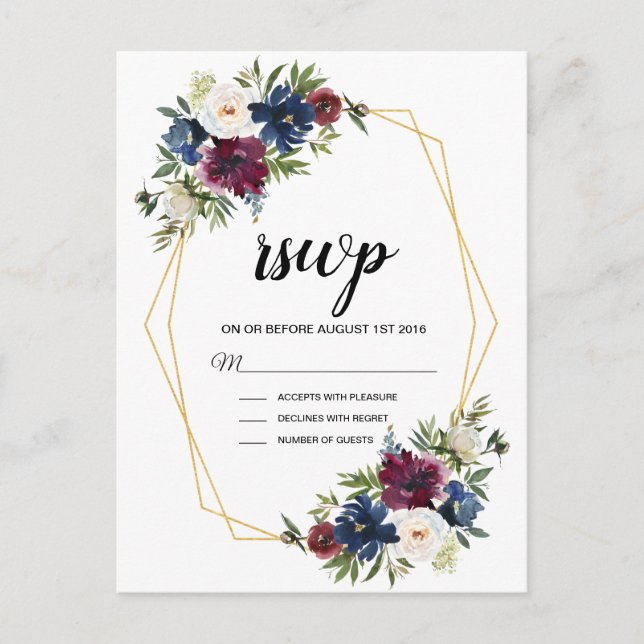 Geometric Frame Burgundy Navy Flowers Wedding Invitation Postcard (Front)