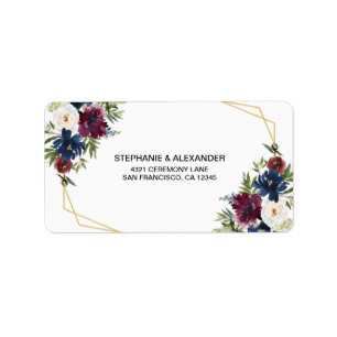 Geometric Frame Burgundy Navy Flowers Wedding Label