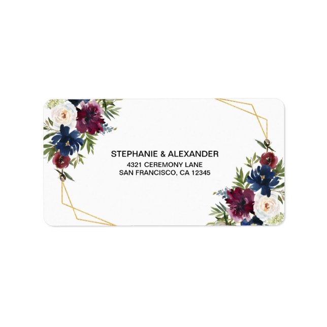 Geometric Frame Burgundy Navy Flowers Wedding Label (Front)