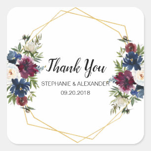 Geometric Frame Burgundy Navy Flowers Wedding Square Sticker