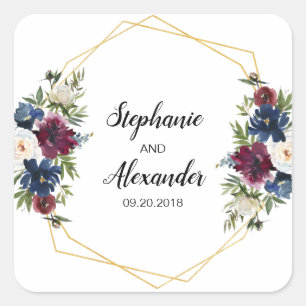 Geometric Frame Burgundy Navy Flowers Wedding Square Sticker