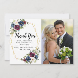 Geometric Frame Burgundy Navy Flowers Wedding Thank You Card