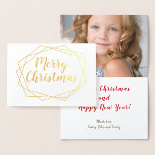 Geometric Frame Christmas Real Gold Foil Photo Card