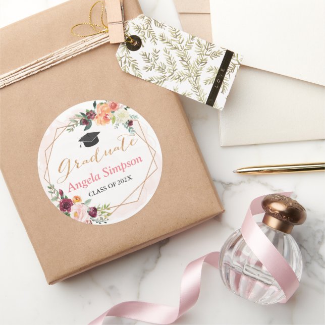 Geometric Frame Floral Graduation Thank You Classic Round Sticker (Gifting)
