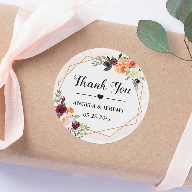 Geometric Frame Floral Wedding Favour Thank You Classic Round Sticker (Creator Uploaded)