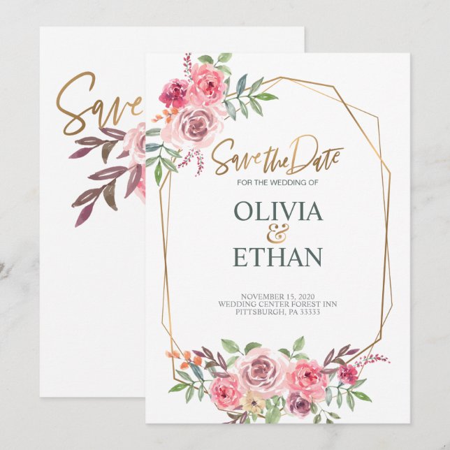 Geometric Frame Floral Wedding Invitation Template (Front/Back)