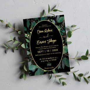 Geometric Frame green and gold leaves Black  Invitation