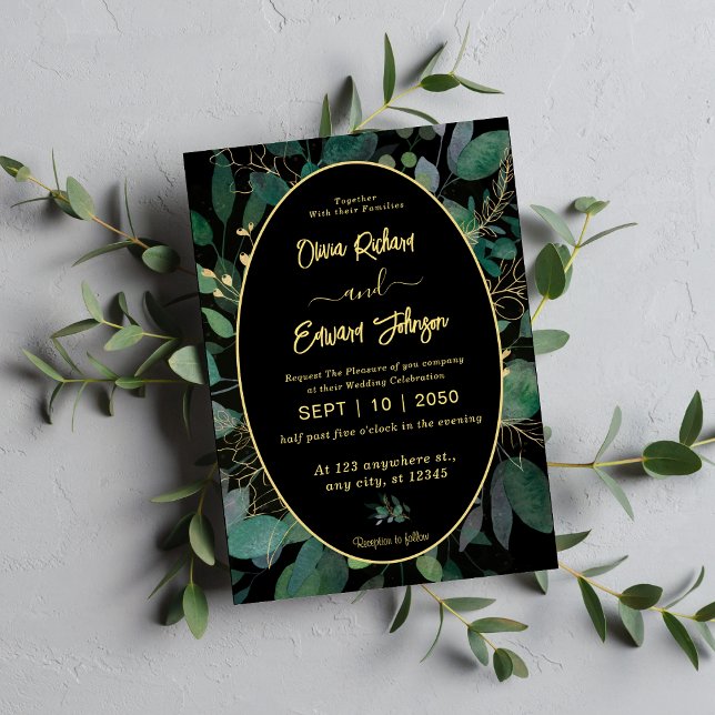 Geometric Frame green and gold leaves Black  Invitation (Creator Uploaded)