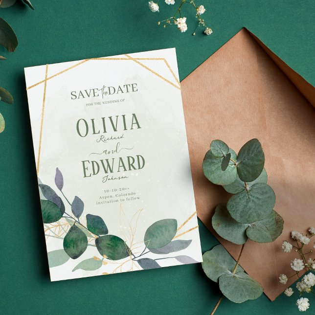 Geometric frame green and gold leaves save the date (Creator Uploaded)