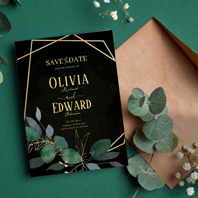 Geometric frame green and gold leaves save the date (Creator Uploaded)
