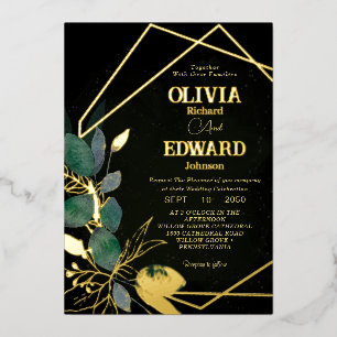 Geometric frame green leave and gold Black Wedding