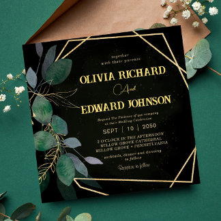 Geometric frame green leaves Gold and Blak Square Invitation