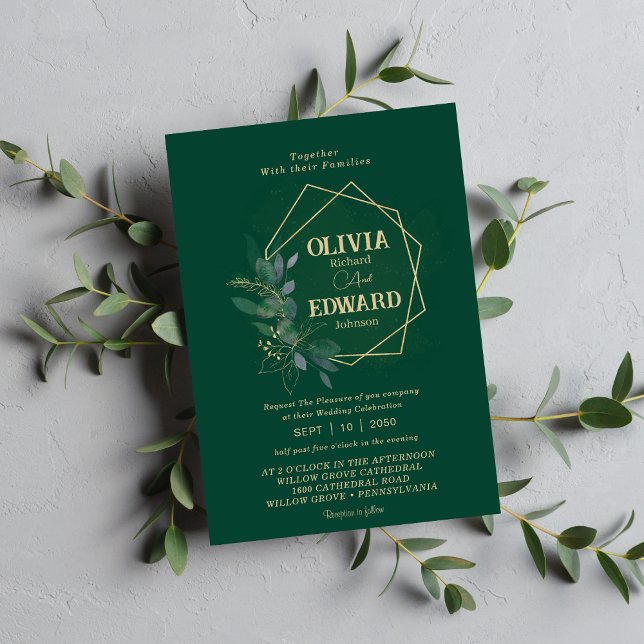 Geometric frame greenery foliage wedding invitation (Creator Uploaded)