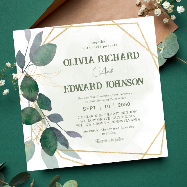 Geometric frame leaves Square wedding  Invitation (Creator Uploaded)