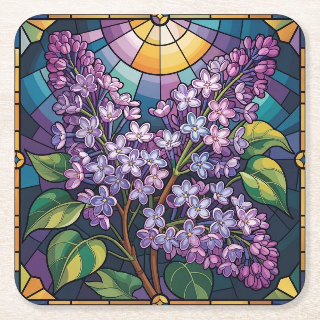 Geometric Frame Lilacs Stained Glass Coaster Set (Front)