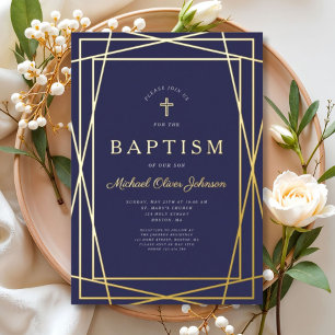 Geometric Frame Navy Blue Boy Baptism Gold