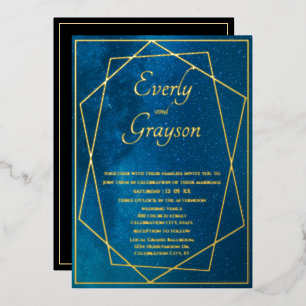 Geometric Frame Night Sky Blue & Gold Wedding   