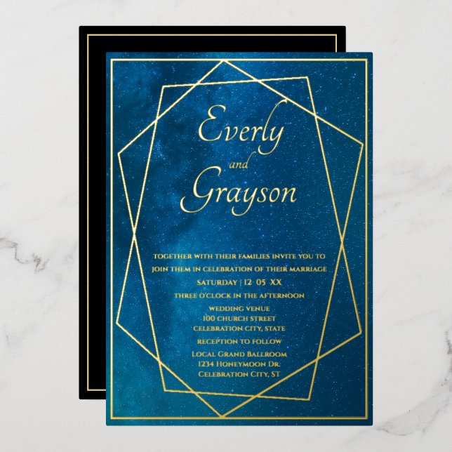 Geometric Frame Night Sky Blue & Gold Wedding    (Front/Back)
