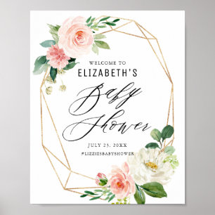 Geometric Frame Pink Florals Baby Shower Welcome Poster
