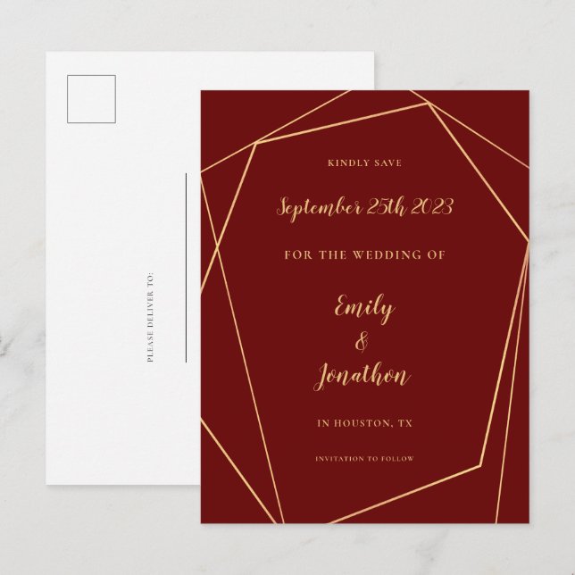 Geometric Frame Script Burgundy Gold Wedding Save  Announcement Postcard (Front/Back)