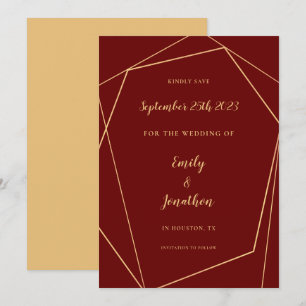Geometric Frame Script Burgundy Gold Wedding Save  The Date