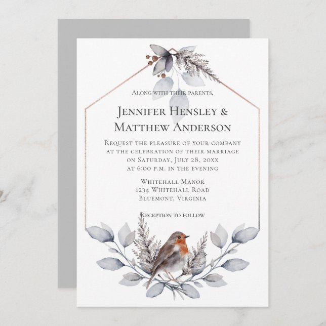 Geometric Frame Silver Grey Rust Leaves Bird Invit Invitation (Front/Back)