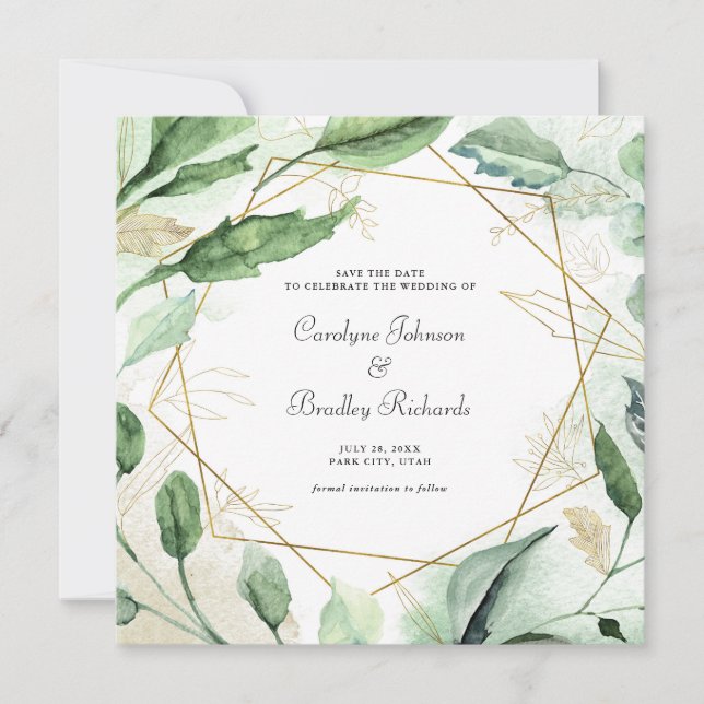 Geometric Frame Watercolor Greenery Save The Date (Front)