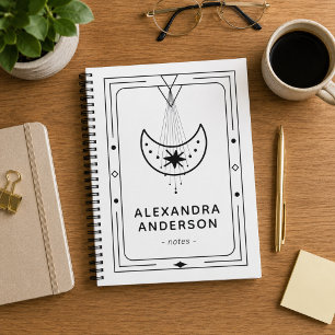 Geometric Framed Celestial Crescent Moon White Notebook