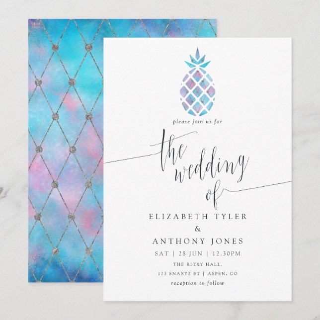 Geometric Galaxy Pineapple Tropical Beach Wedding Invitation (Front/Back)
