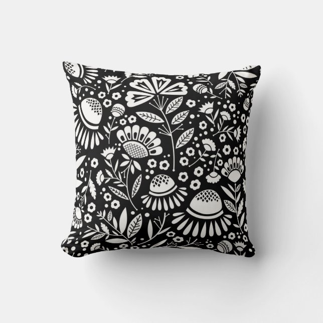 Geometric Garden Floral Pattern in Black and White Cushion (Front)