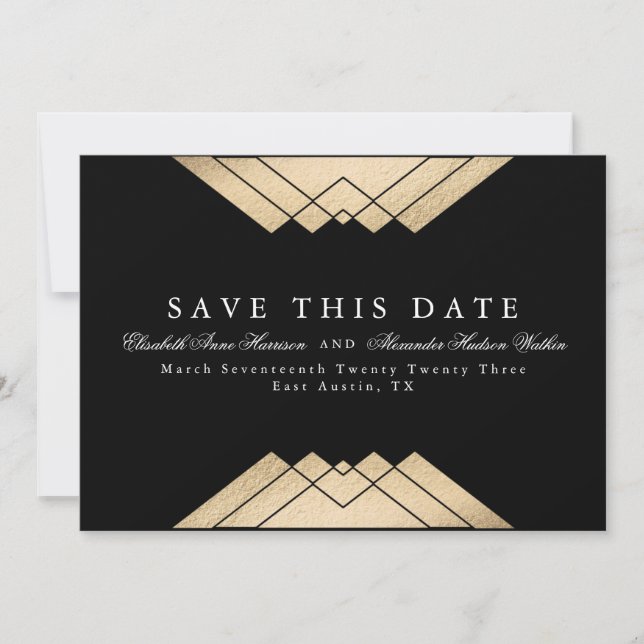 Geometric Gatsby Gold Faux Foil Save This Date Announcement (Front)