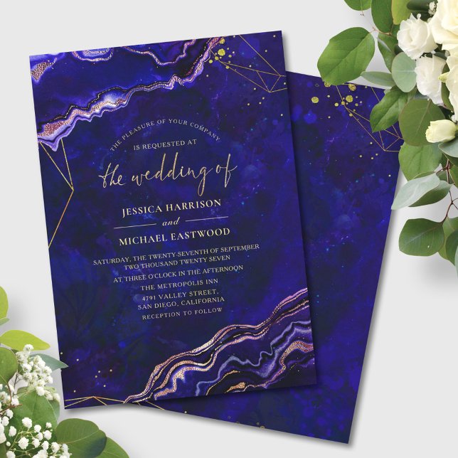 Geometric Geode Deep Blue Rose Gold Agate Wedding Invitation (Creator Uploaded)