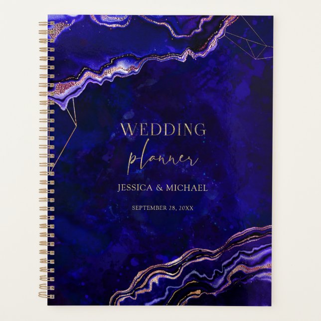 Geometric Geode Deep Blue Rose Gold Agate Wedding Planner (Front)