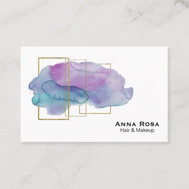 *~* Geometric Girly Gold Purple Magenta Watercolor Business Card (Front)