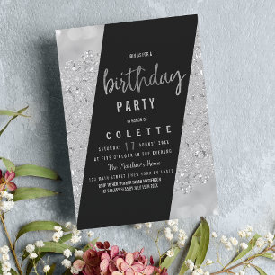 Geometric glam black silver glitter Birthday Party Invitation