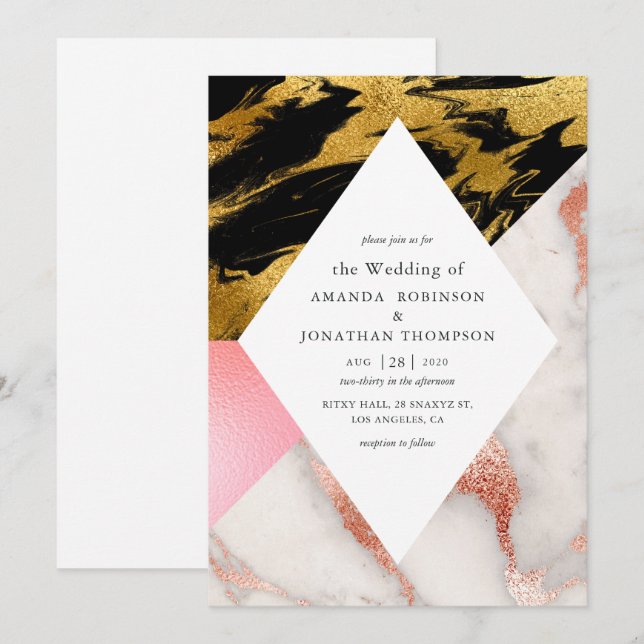 Geometric Glam Faux Glitter Marble Wedding Invitation (Front/Back)