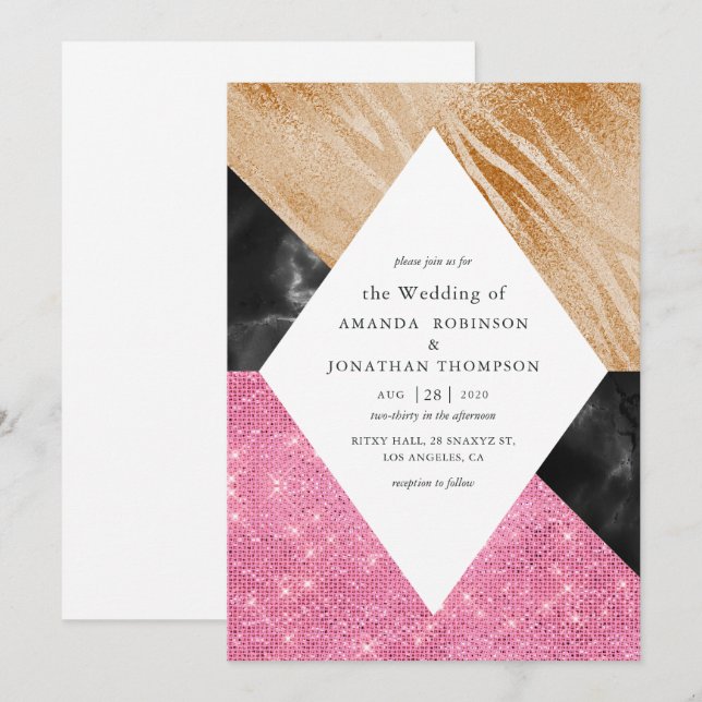 Geometric Glam Faux Glitter Marble Wedding Invitation (Front/Back)