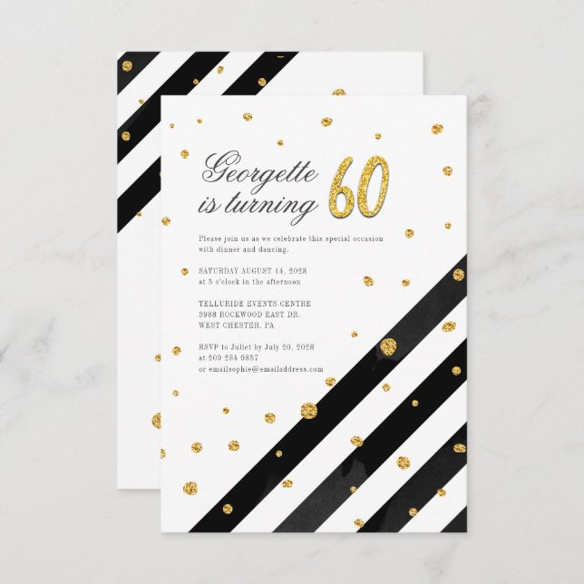 Geometric Glitter Black White Stripe 60th Birthday Invitation (Front/Back)