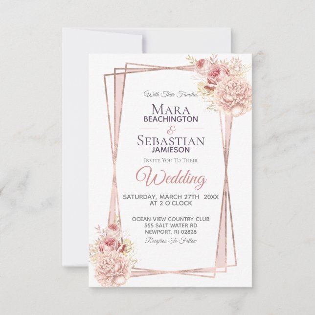 *~* Geometric Glitter Frame Blush Roses Invitation (Front)