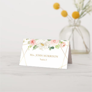Geometric gold and blush floral wedding place card