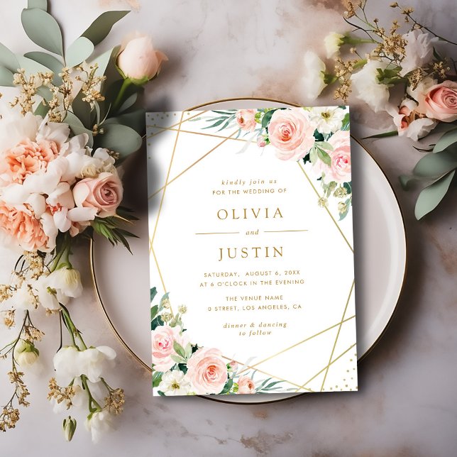 geometric gold and pink blush floral wedding invitation (Creator Uploaded)