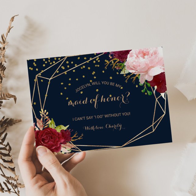 Geometric Gold and Red Tropical Maid of Honour Invitation Postcard (Creator Uploaded)