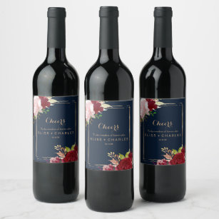 Geometric Gold and Red Tropical Wedding Wine Label