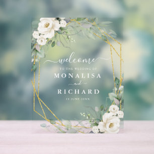 Geometric gold and white floral wedding acrylic sign